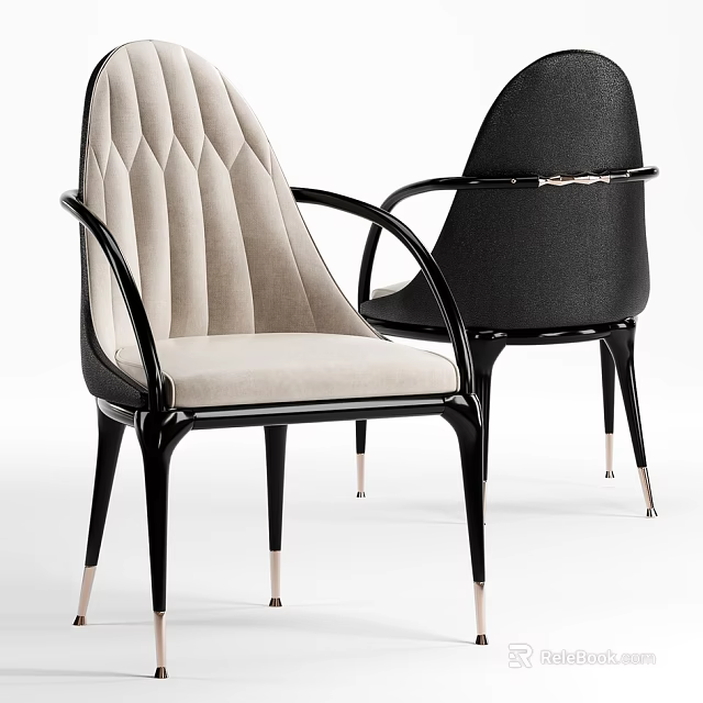 Beige and Black Upholstered Dining Chairs with Diamond Tufted Back Black Armrests Gold Feet 3d model 