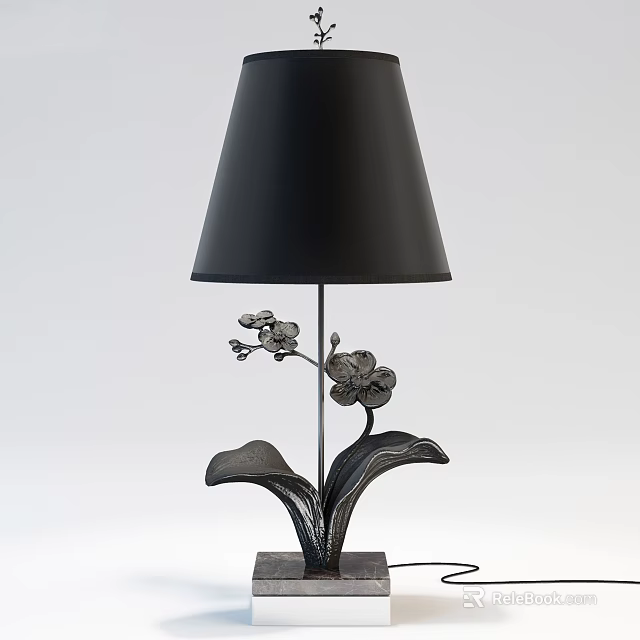 Black Table Lamp With Orchid Decoration And Leaf Shaped Base Design 3d model