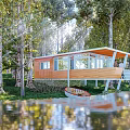 Cozy Wooden House Surrounded By Trees Near Lake With Lily Pads And Sunlight