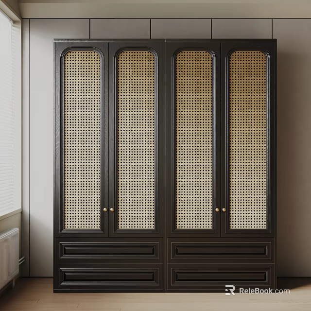 Modern Black Decorative Cabinet With Woven Rattan Doors And Drawer Base 3d model 