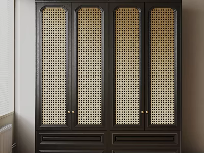 Modern Black Decorative Cabinet With Woven Rattan Doors And Drawer Base 3d model