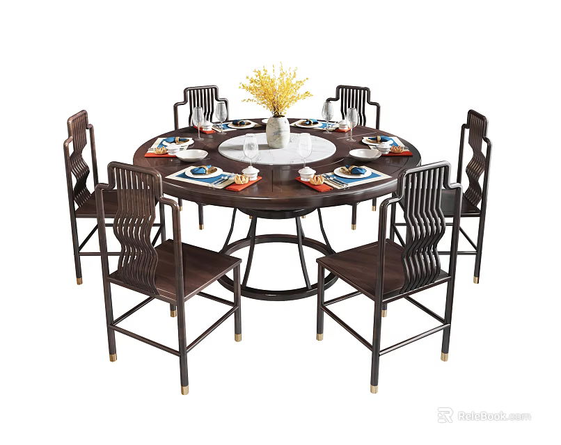 Round Solid Wood Dining Table Set With Six Chairs And Floral Centerpiece 3d model