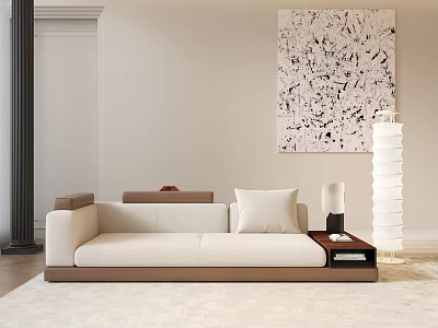 Modern Beige Sofa Coffee Table Set With Wooden Frame Decorative Painting Floor Lamp And Pillows 3d model