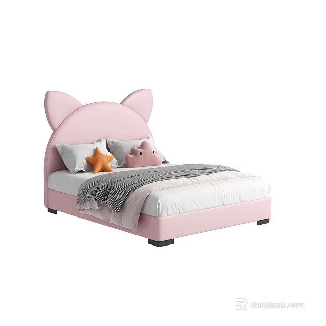 Pink Cat Ear Headboard Children's Bed With Star And Pig Plush Pillows White Bed Sheet And Gray Blanket 3d model 