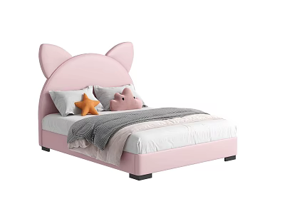 Pink Cat Ear Headboard Children's Bed With Star And Pig Plush Pillows White Bed Sheet And Gray Blanket 3d model