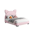 Pink Cat Ear Headboard Children's Bed With Star And Pig Plush Pillows White Bed Sheet And Gray Blanket
