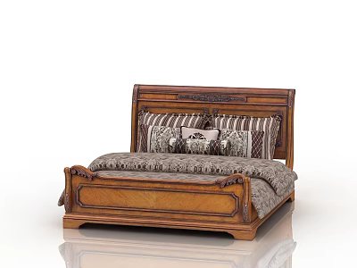 Traditional Wooden Double Bed With Carved Headboard Pillows And Patterned Bedding 3d model