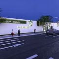 Modern Green Community Fence Decorated with Lush Plants in Night Scene and Pedestrians