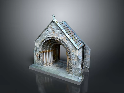 Detailed Stone Miniature Building Model Featuring Arched Doorway Pointed Roof And Carved Pillars 3d model