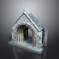 Detailed Stone Miniature Building Model Featuring Arched Doorway Pointed Roof And Carved Pillars