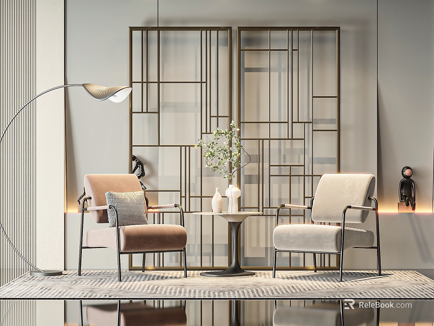 Modern Leisure Sofa Set With Two Chairs Small Coffee Table Metal Screen And Floor Lamp 3d model 