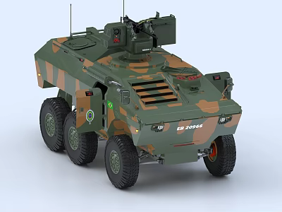 Armored Military Vehicle With Green Camouflage Six Wheeled Design And Top Mounted Weapon System 3d model