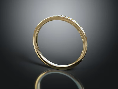 Elegant Gold Ring Set With Small Diamonds On Dark Background With Reflection 3d model