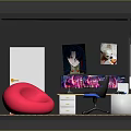 Modern Room Interior With Computer Desk Multiple Monitors Blue Chair And Pink Bean Bag