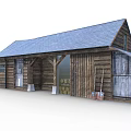 Rustic Wooden Cabin with Blue Roof and Surrounding Wooden Fence Exterior