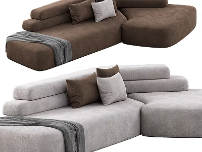 Modern Brown and Gray L Shaped Sectional Sofa with Pillows and Throw Blanket 3d model
