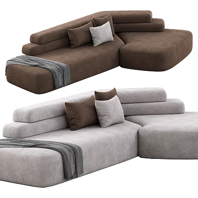 Modern Brown and Gray L Shaped Sectional Sofa with Pillows and Throw Blanket 3d model