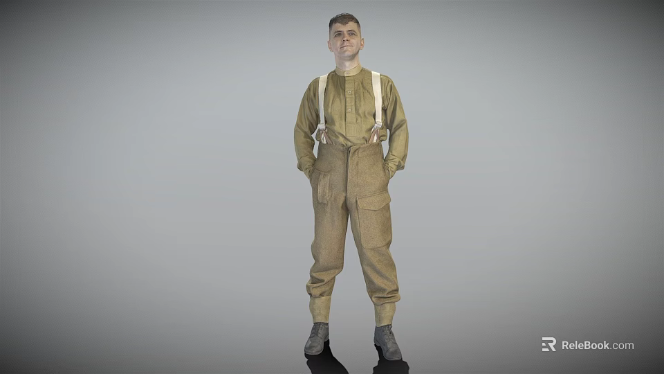 A Man Wearing Khaki Overalls With Suspenders And Long Sleeve Shirt In Standing Pose 3d model 