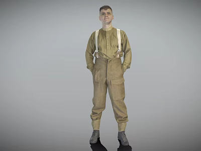 A Man Wearing Khaki Overalls With Suspenders And Long Sleeve Shirt In Standing Pose 3d model