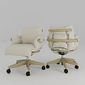 Comfortable Soft Padded Cream White Swivel Office Chair With Natural Wood Frame And Rolling Casters