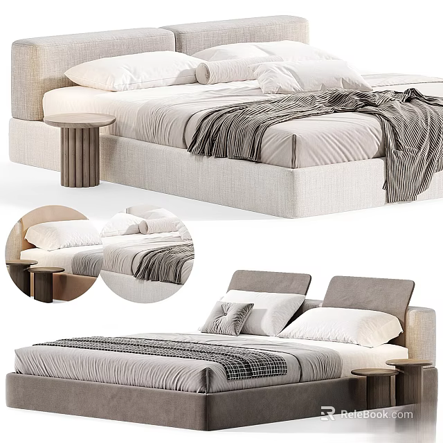 Modern Double Bed Design With Upholstered Headboard Plush Blanket And Bedside Table 3d model 