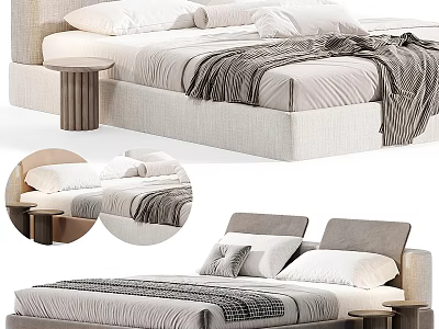 Modern Double Bed Design With Upholstered Headboard Plush Blanket And Bedside Table 3d model