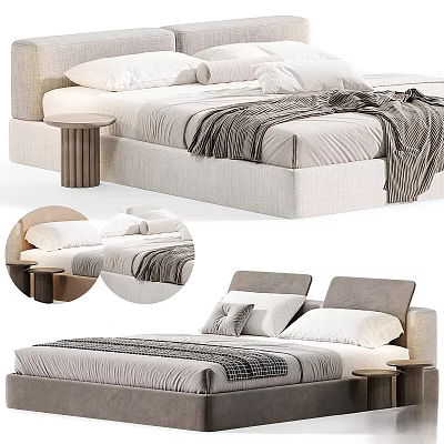 Modern Double Bed Design With Upholstered Headboard Plush Blanket And Bedside Table 3d model