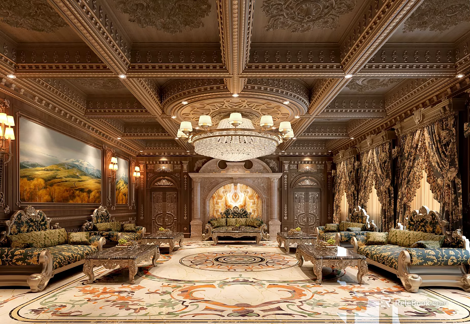Luxurious Classical Drawing Room With Chandelier And Sofas 3d model 
