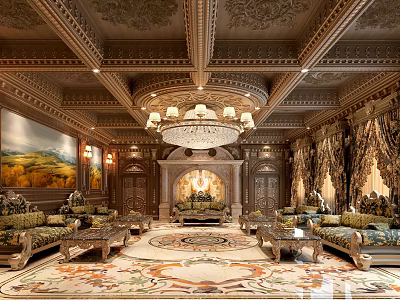 Luxurious Classical Drawing Room With Chandelier And Sofas 3d model