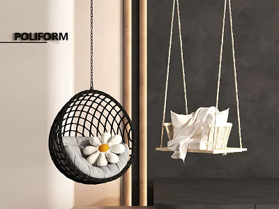 Modern Indoor Hanging Chairs With Black Mesh And Woven Designs Gray Cushion And White Fabric 3d model