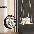 Modern Indoor Hanging Chairs With Black Mesh And Woven Designs Gray Cushion And White Fabric