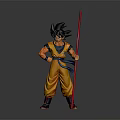 Dragon Ball Anime Character Goku in Orange Blue Outfit with Black Hair and Red Staff
