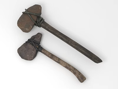 Classic Hardware Tools Including Two Stone Axes With Wooden Handles And Ropes Binding 3d model
