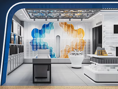 Modern Specialty Store Interior With Blue Orange Wave Decor And White Display Cabinets 3d model
