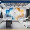 Modern Specialty Store Interior With Blue Orange Wave Decor And White Display Cabinets