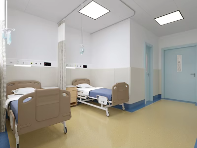 Clean Modern Hospital Room With Two Beige Beds Blue Linens White Walls And Ceiling Lights 3d model