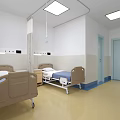 Clean Modern Hospital Room With Two Beige Beds Blue Linens White Walls And Ceiling Lights