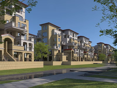 Modern Townhouse Exterior With Balconies Green Lawn Trees And Pathway 3d model