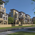 Modern Townhouse Exterior With Balconies Green Lawn Trees And Pathway