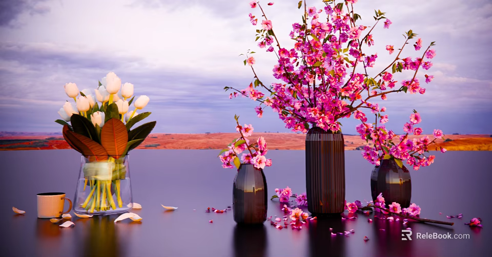 Pink Blossoms And White Tulips In Dark Vases With Scattered Petals On Water Surface 3d model 