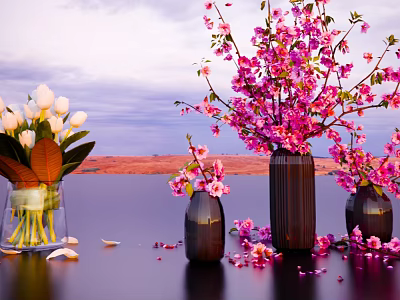 Pink Blossoms And White Tulips In Dark Vases With Scattered Petals On Water Surface 3d model