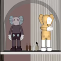 Modern Art Kaws Sculpture Purple And Gold Figurine Display On Shelf With Bottles