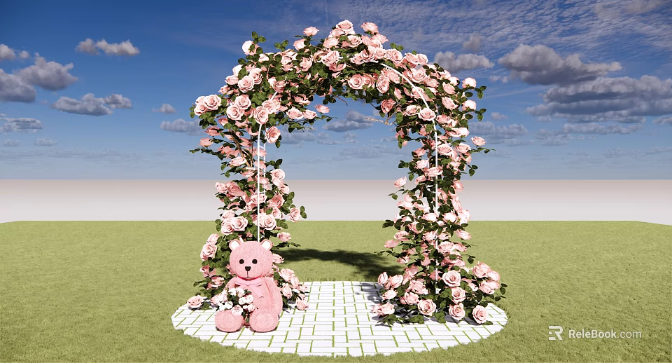 Floral Art Decoration Featuring Pink Roses Arch Green Vines And Teddy Bear On White Brick 3d model 