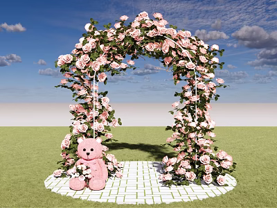 Floral Art Decoration Featuring Pink Roses Arch Green Vines And Teddy Bear On White Brick 3d model