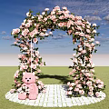 Floral Art Decoration Featuring Pink Roses Arch Green Vines And Teddy Bear On White Brick