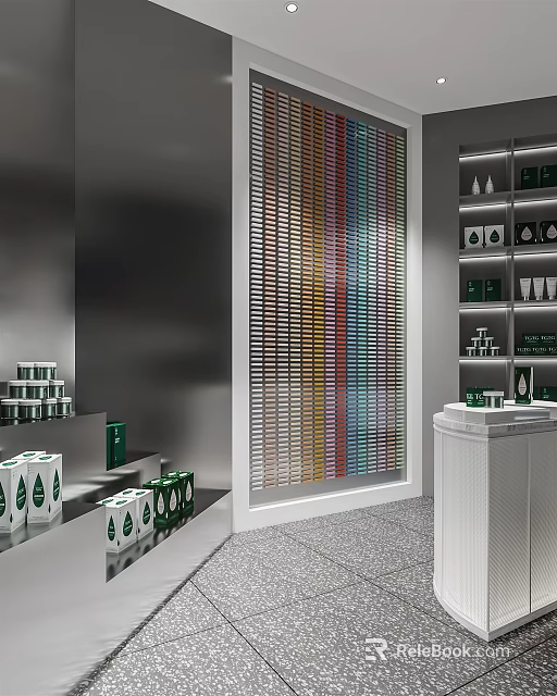Modern Specialty Store Interior With Colorful Striped Wall Products On Shelves And White Counter 3d model 