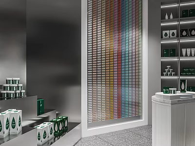 Modern Specialty Store Interior With Colorful Striped Wall Products On Shelves And White Counter 3d model