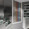 Modern Specialty Store Interior With Colorful Striped Wall Products On Shelves And White Counter