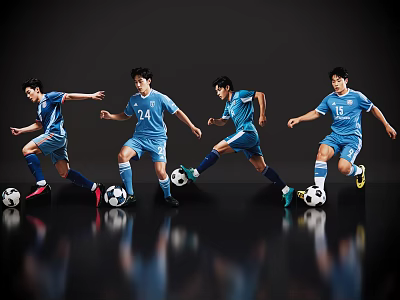 Four men in blue jerseys playing football with dynamic running and kicking on black reflective ground 3d model