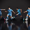 Four men in blue jerseys playing football with dynamic running and kicking on black reflective ground